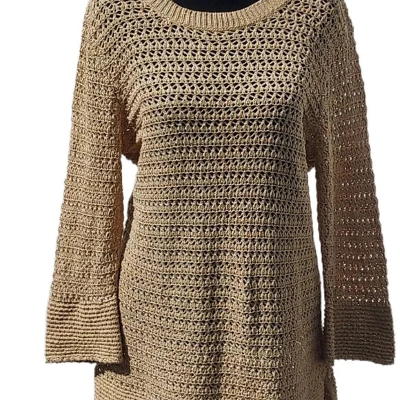 Chicos Light Brown/Gold Glittered Open Knit Sweater Size 1 - Picture 3 of 9